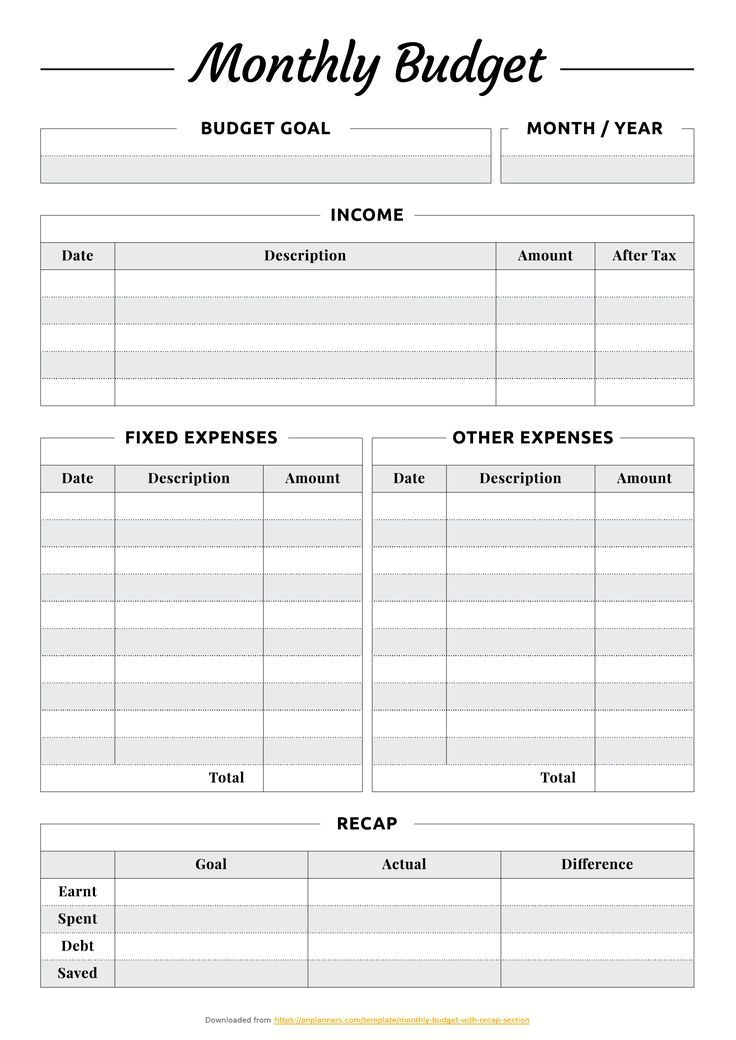 Free Printable Monthly Budget Template