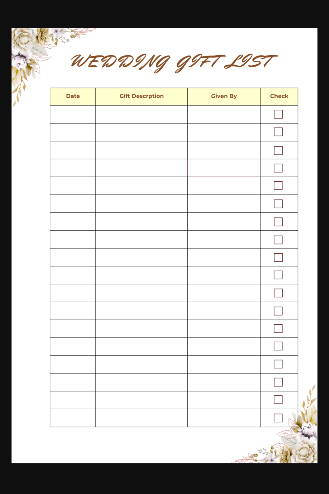 Elegant Wedding Gift List Tracker Printable