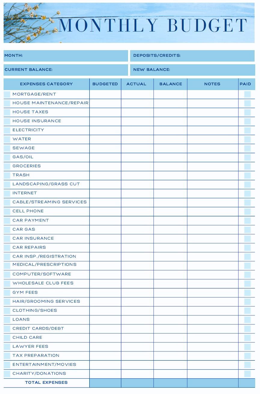 Simple Blue Budget Tracker: Print & Plan Your Finances