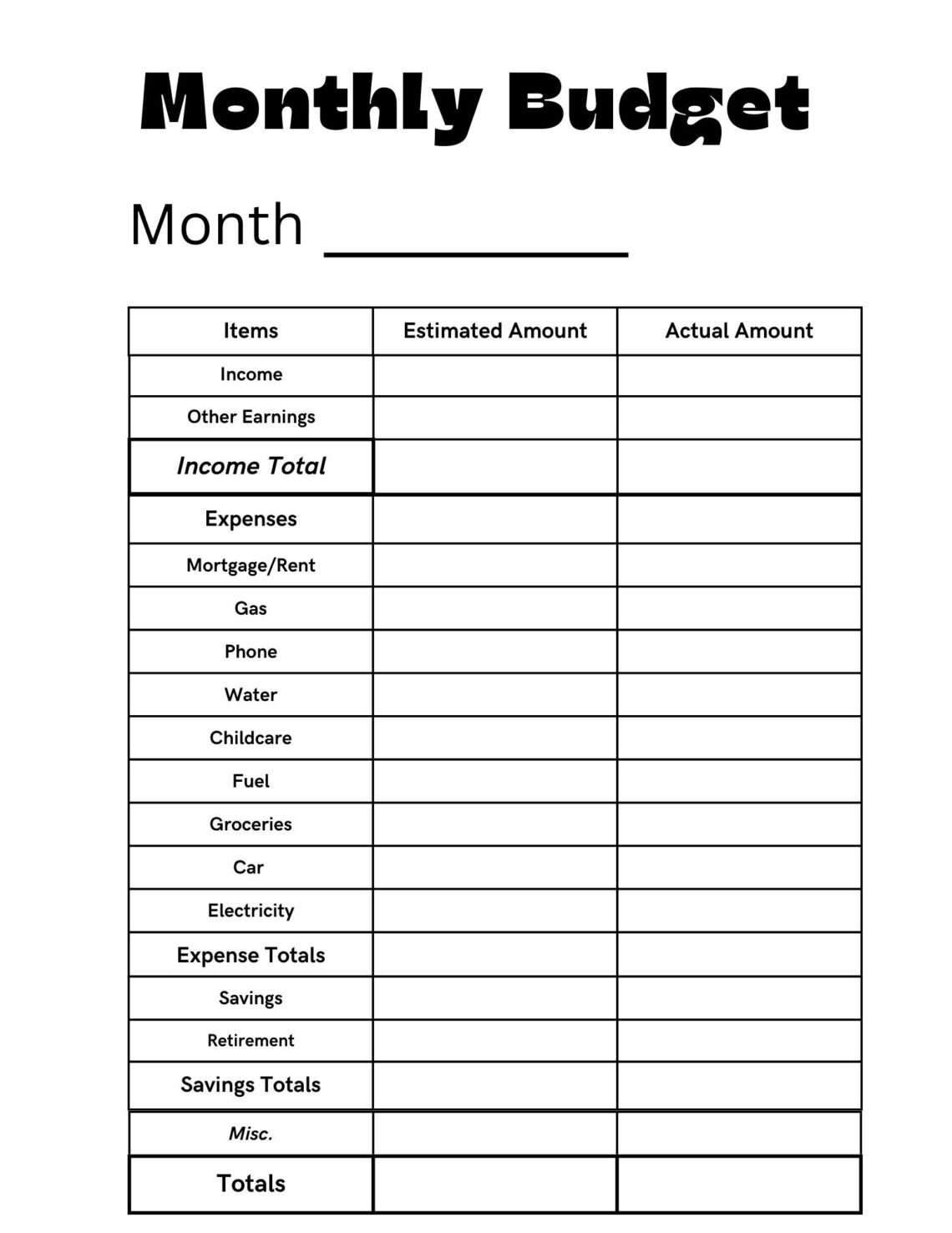 Simple Black & White Monthly Budget Tracker