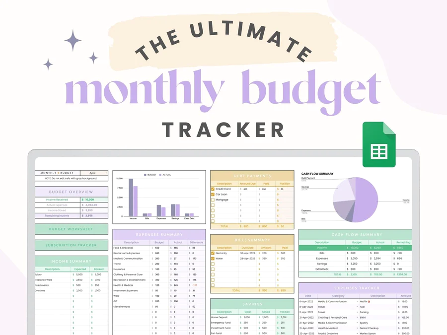 Easy Budget Tracker: Purple Green Google Sheets Template