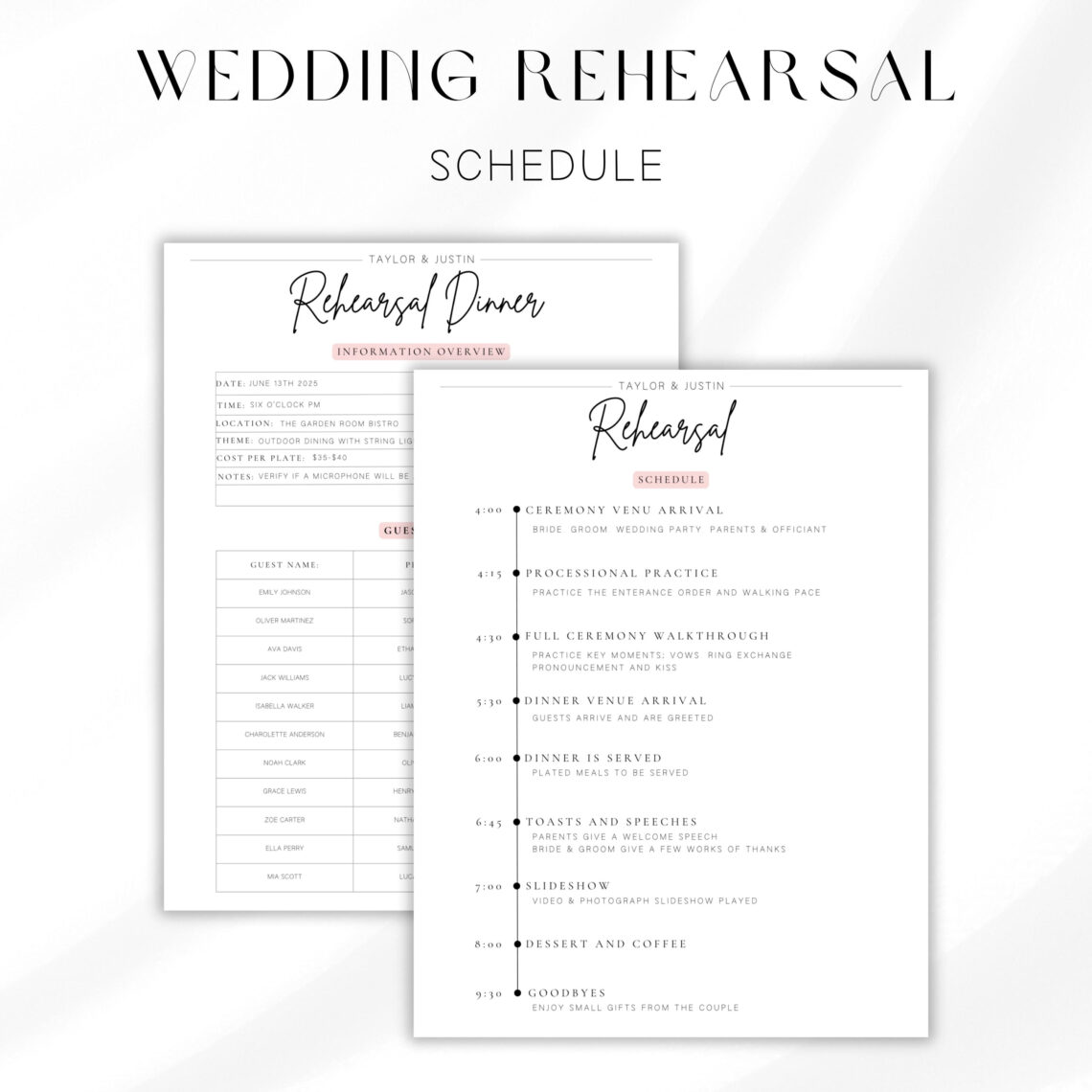 Simple Wedding Rehearsal Schedule & Dinner Planner